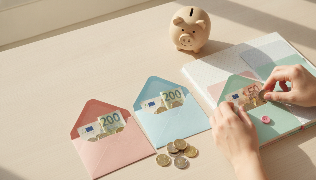 Sobres de ahorro con dinero en efectivo y una hucha sobre una mesa